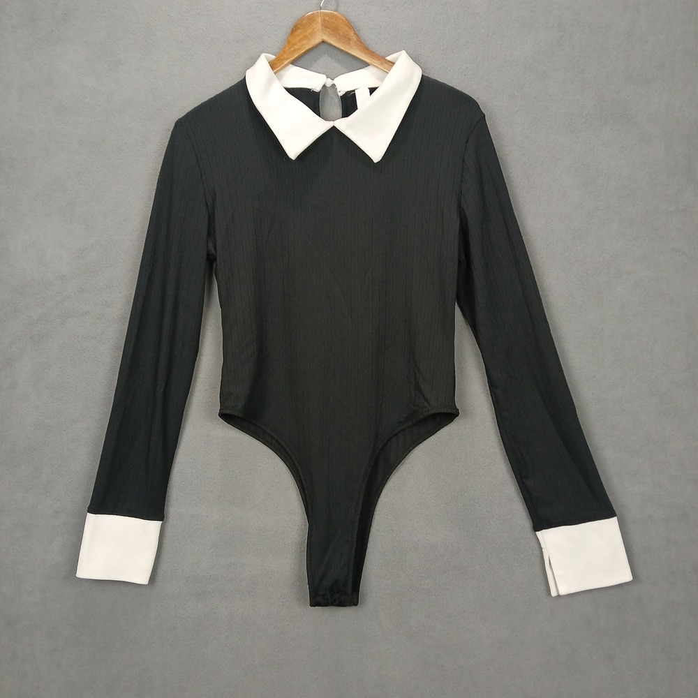 Shein Ribbed‎ Knit Bodysuit Womens Large Black Stretch Keyhole Back Point Collar